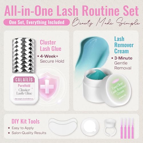 CALAILIS Lash Cluster Glue & Remover Kit - Extra Strong Hold, Long Lasting 4+ Weeks, Gentle Aloe Formula, Professional-Quality Eyelash Extension Kit