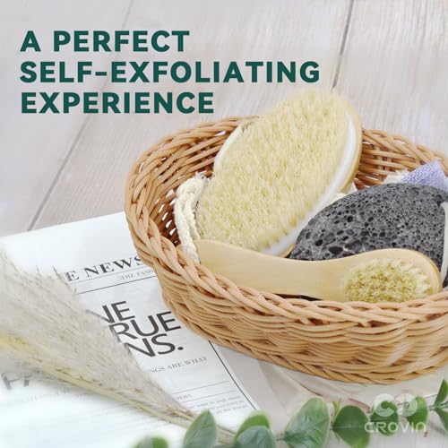Dry Brushing Body Brush with Natural Boar Bristle Dry Brush for Exfoliating Loofah Body Scrubber - Face Brush -Bath and Shower Gloves - Pumice Stone Foot Scrub - Men and Women (Pack of 5)