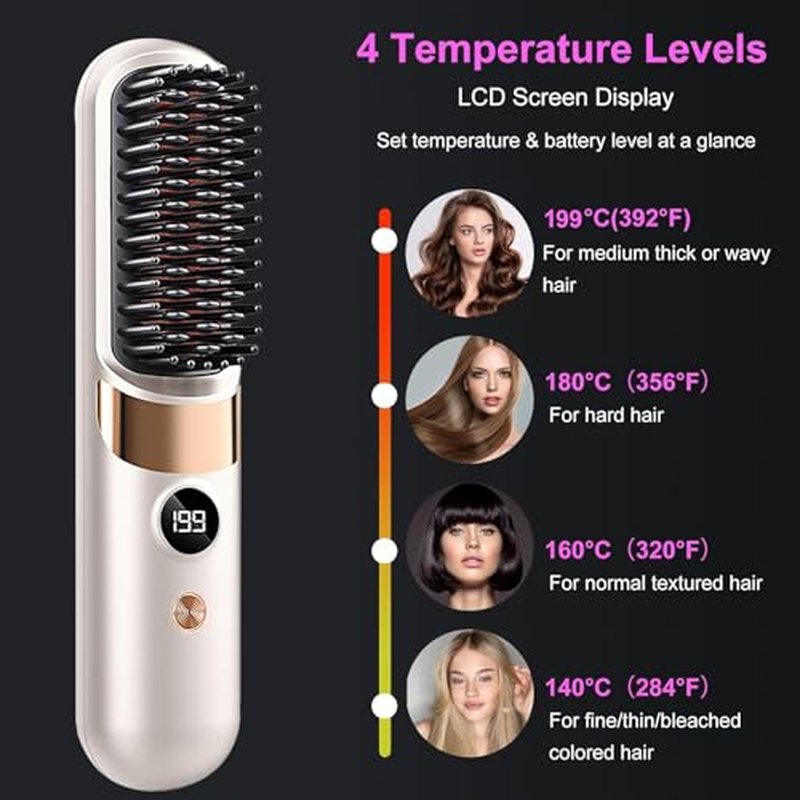 CELLBELL Go Brush Pro Cordless Hair Straightener Brush - Portable Ceramic Styling Tool with 4 Heat Modes & LED Display