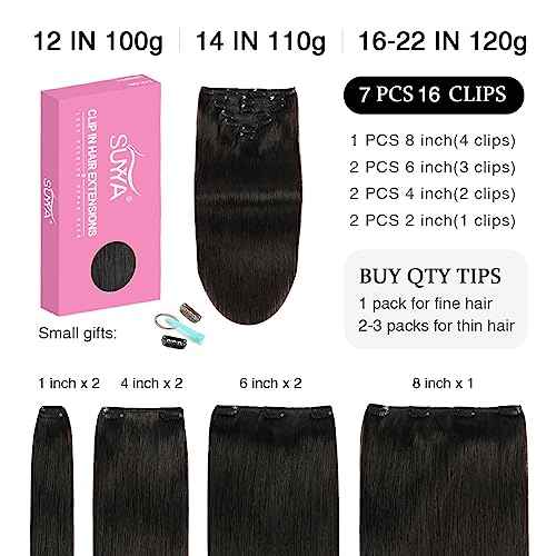 SUYYA 16 Inch 120g 7pcs Clip in Hair Extensions, Straight Double Weft Natural Black (16 inches #1B Off Black)