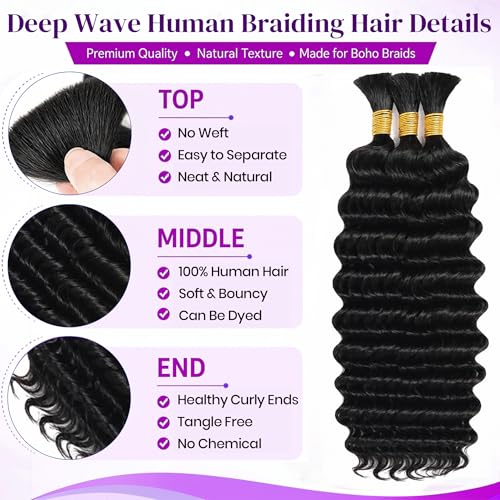 Smabuity Boho Deep Wave Human Hair for Braiding 14" Natural Black