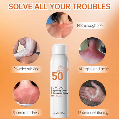 Sunscreen Spray SPF 50+ for Face & Body, Reef Safe Sunscreen Spray, Broad Spectrum UVA/UVB Sunblock, Oxybenzone-Free, Non-Comedogenic, Oil-Free, Water Resistant, 5.07oz Travel Size (2 pack)