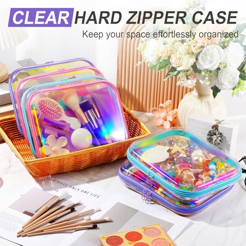 Sanwuta 6 Pcs Clear Hard Zipper Case Plastic Zipper Pouches Transparent Makeup Bag Pencil Case Pouches Toiletry Diaper Bag for Travel Toy Storage Organizer Bins(Holographic,9.84 x 7.87 x 2 Inch)
