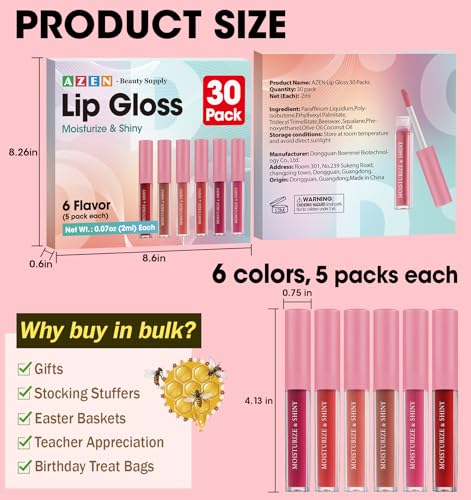 AZEN 30 Pack Lip Gloss Set - Shimmery High Shine Colors