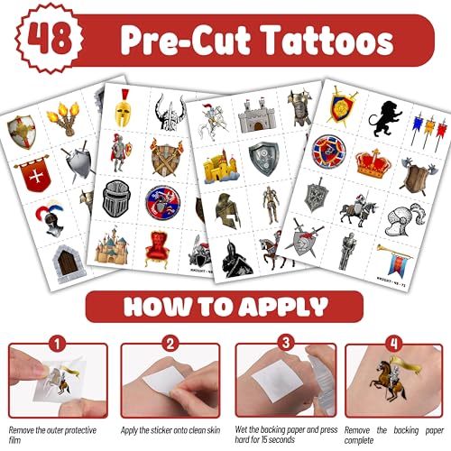 72-Piece Medieval Knight Party Favors Set - Tattoos & Slap Bracelets