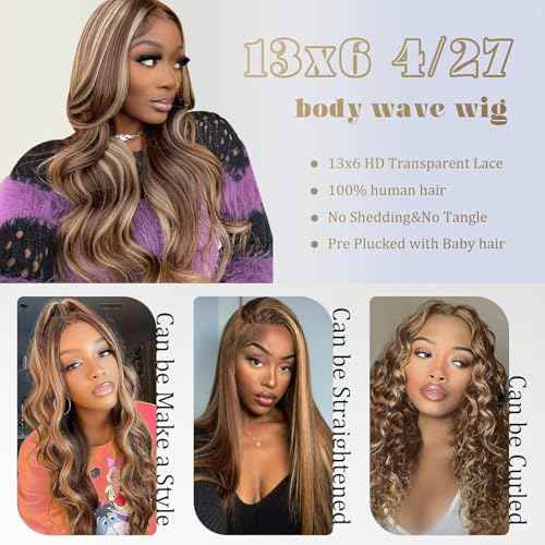 4/27 Honey Blonde Wig Human Hair 13x6 Ombre Lace Front Wigs Human Hair 22 Inch Long, Body Wave Balayage HD Lace Frontal Wig 13x6 Skunk Stripe Human Hair Wigs, 12A 100% Real Brazilian Wigs 180 Density