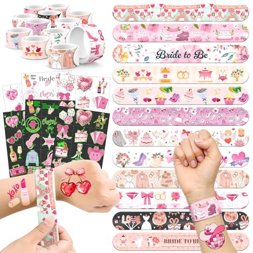 96 PCS Bachelorette Party Favors for Bride to Be ? 72 Pre-Cut Temporary Tattoos & 24 Slap Bracelets, Hen Party Accessories, Team Bride Decorations & Supplies