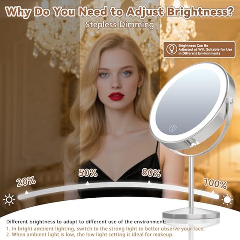 9" Magnifying Mirror with Light 1X/10X, Makeup Mirror with Light includes small mirror, 2000mAh Rechargeable, 360¡Æ Rotation, 3 Color Modes, Double-Sided, Ideal for Eyebrows, Lenses & Skincare