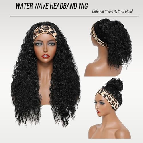 Curly Headband Wigs for Black Women Wet and Wavy Afro Headband Wig Water Wave Blend Human Hair & Synthetic Hair Ready to Go Glueless Half Wigs 180% Density (Black-#1B, 20 Inch)