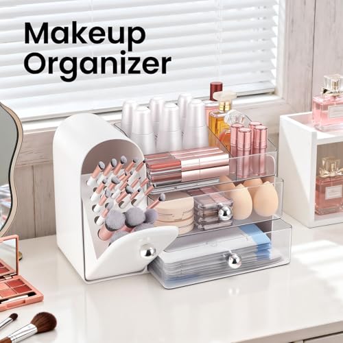 Makeup Organizer with Brush Holder & 3 Clear Drawers