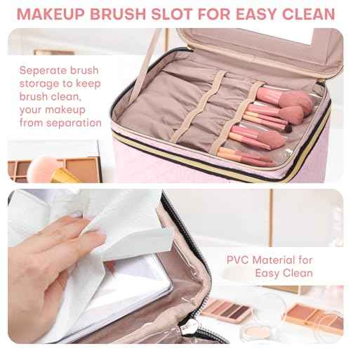 Large Makeup Bag with Mirror Double Layer Travel Make Up Organizer Case, Large Capacity Coemetic with Brush Slot Divider, Travel Toiletry Bag for Women (Pink)