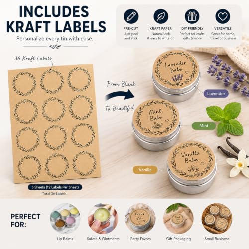 0.5 oz Silver Screw Top Aluminum Tins with Labels, 32 Pack