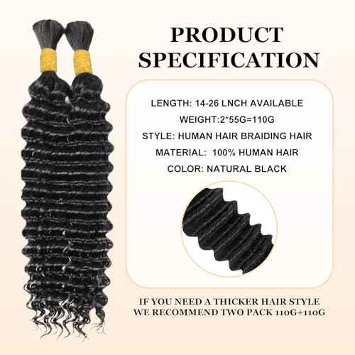 Human Braiding Hair for Boho Braids 2 Bundles 110g 26 Inch Deep Wave Bulk Human Boho Hair for Braiding No Weft Bundle 100% Brazilian Virgin Hair Extensions Curly for Boho Knotless Braids