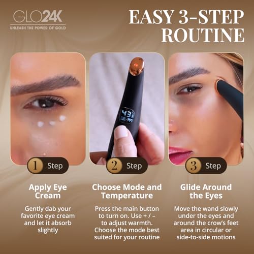 GLO24K Heated Eye Wand & Eye Massager Tool ? Gentle Warmth & Vibration for Smoother-Looking Skin, Refreshing Under-Eyes Massage, Portable Beauty Device