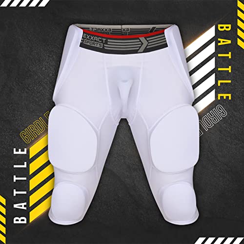 Exxact Sports Battle 7-Pad Football Girdle for Men & Boys - Finest Padded Compression Shorts, Mens Girdle Football with Cup Pocket, Adult & Youth Football Girdle (White, YXL)