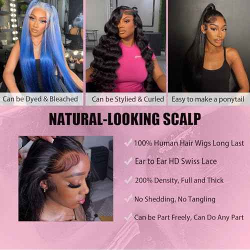 26 Inch 13x6 Lace Front Wigs Human Hair 200 Density HD Lace Front Wigs Human Hair Pre Plucked Glueless Wigs Human Hair for Women Straight Lace Frontal Wigs Natural Color (Natural Black, 26)