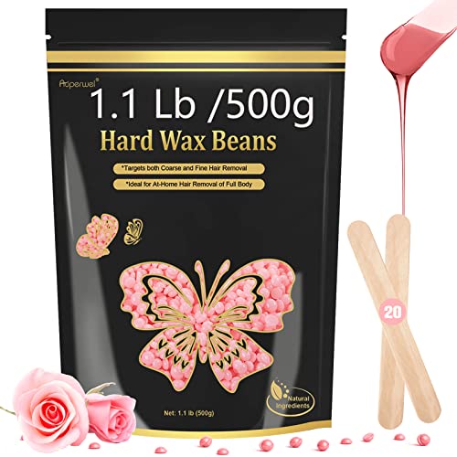 Wax Beads 1.1lb, Hard Wax Beads for Coarse Hair Removal & Sensitive Skin, Works on Brazilian Bikini, Armpit, Legs, Face, Eyebrow, Back, Waxing Beads with 20 Sticks(Rose)