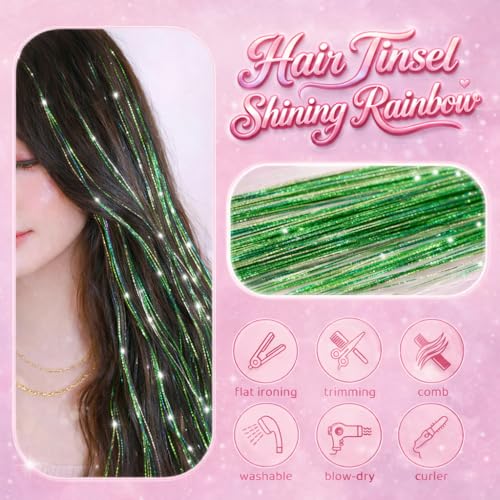 Rootoo Green Hair Tinsel 8 Pcs Fairy Hair Tinsel Kit for Girls Women - Includes Tools