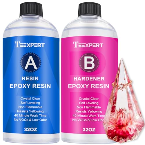 Teexpert Epoxy Resin Crystal Clear: 64OZ Epoxy Resin kit Fast Curing Heat Resistant for Casting Coating Art DIY Craft Jewelry Wood Table Top Flower Preservation- 2 Part(32OZ Resin and 32OZ Hardener)