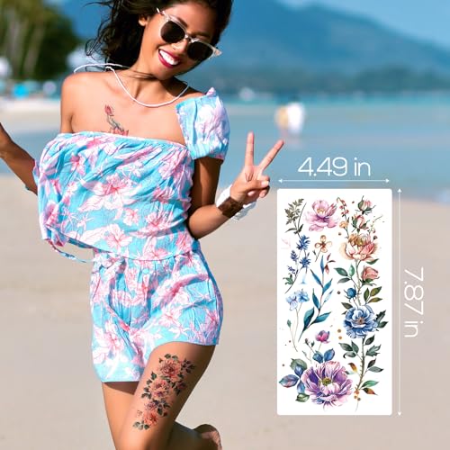 21 Large Floral Temporary Tattoos - Waterproof Flower Design Sheets