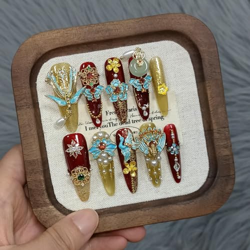 10Pcs Heirloom Chinese Bridal Press On Nails With Tools,Red Gold Phoenix Dragon Designs Fake Nails Long Stiletto,Full Crystals Heavy Relief Luxury Wedding Set Glue on Nails for Cheongsam(S)