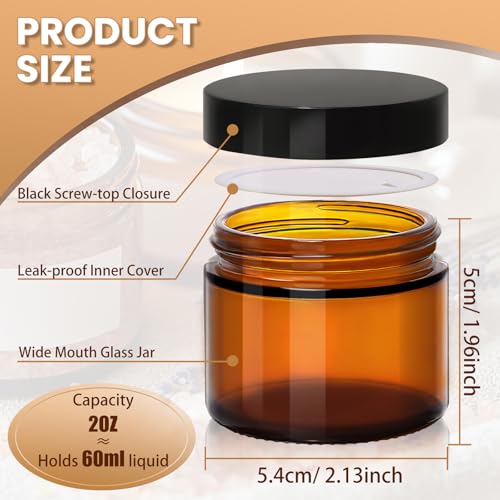 Amber Glass Cosmetic Jars 2oz - 24 Pack with Lids