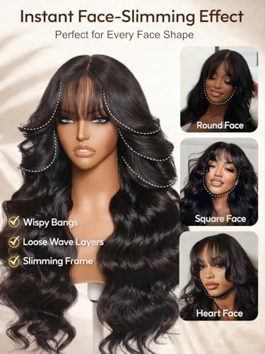 UNICE Body Wave Human Hair Wig with Wispy Bangs 16 inch