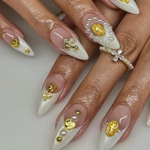 Gehaiwo 112PCS Gold Nail Charms and 1Box Nail Art Rhinestone,Gold Alloy Virgin Mary Cross Rose Nail Decoration for Acrylic Nails, Nail Jewels Accessories for Nail Art Supplies DIY Nail Craft