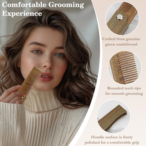 Folding Green Sandalwood Beard Comb for Men, Natural Wood Comb for Grooming Beards, Mustaches, and Hair, Compact and Travel-Friendly