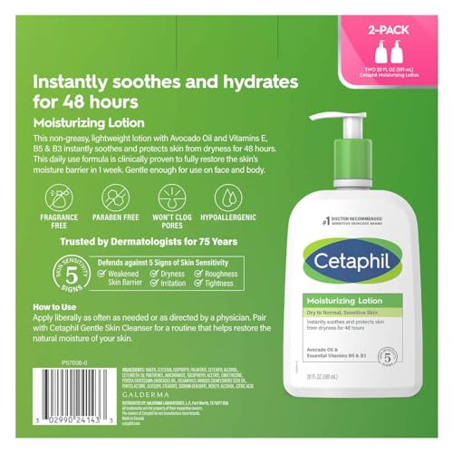 Cetaphil Moisturing Lotion, Dry to Normal Sensitive Skin, with Avocado Oil and Essential vitamins B5 & B3-20 fl oz, 2 Count
