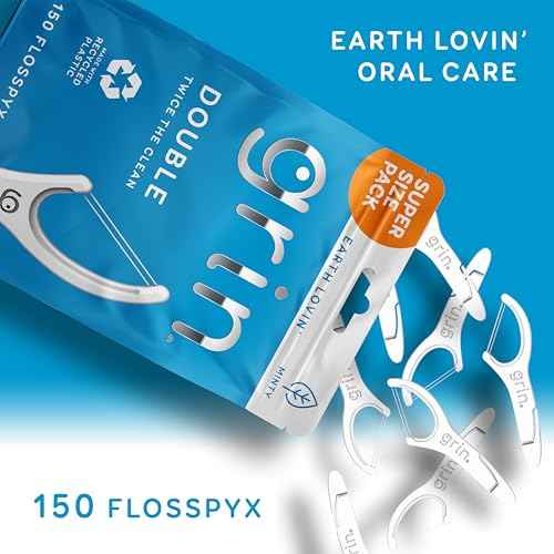 GRIN Double Flosspyx, Floss Picks, 150 ct, Dental Flossers, Minty Flavor, Recycled Plastic, 2 Lines of Strong Floss, Longer Floss Head, Traps Food and Plaque, Includes Safe Soft Fold-Back Tooth Pick