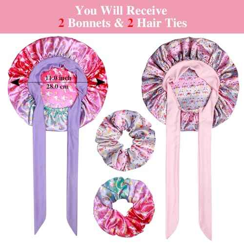 2+2 Satin Bonnets with Scrunchies for Kids, Cute Hair Bonnets for Girls Sleeping Curly Hair, G