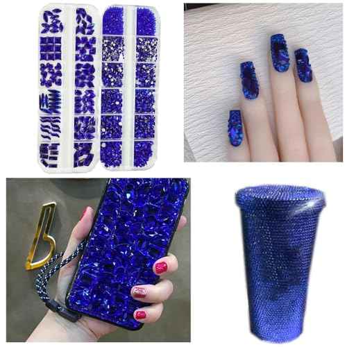 2680Pcs Royal Blue Nail Rhinestones Gems, 120pcs Multishapes Cobalt Blue Glass Big Nails Gem Stones with Bling Flatback Round Beads, Dark Blue Clear Diamond Rhinestone for DIY Face Eyes Makeup Crafts