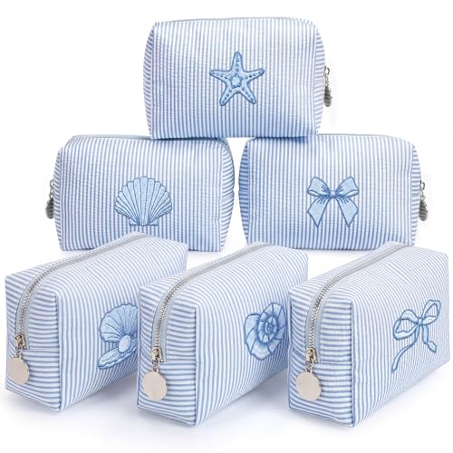 6 Blue Seersucker Cosmetic Bags with Striped Design