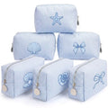 6 Blue Seersucker Cosmetic Bags with Striped Design
