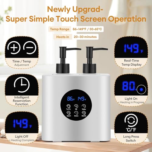 Dual Massage Oil Warmer Heater with 4 Massage Oil Bottles and 2 Funnels,Adjustable Temp (86?149¡ÆF)&Timer (0.5?24H) Lotion Warmer,Dual Bottle Heated Oil Dispenser for Spa, Salon & Home Use