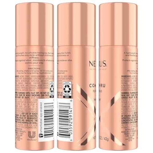 Nexxus Travel Hairspray, Comb Thru Flexible Hold 4-Pack ? 72-Hour Anti-Humidity Shield, 48-Hour Frizz Control, Rose Fragrance, 1.5 Oz Ea