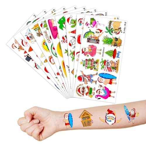 103 PCS Christmas Santa Summer Fun Temporary Tattoos Theme Birthday Party Supplies Favors Decor Decorations Beach Hawaii Hawaiian Xmas Aloha Tattoo Stickers Gifts For Kids Boys Girls School Prizes