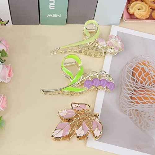 3-Piece Flower Metal Hair Clips, Purple Leaves Shape Hair Claw for Thin/Medium Hair, Elegant Lily Floral Barrettes - Strong Hold, Non-Slip Cute Accessories for Thick Hair
