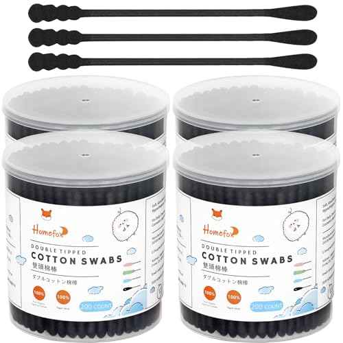 Black Cotton Swabs Spiral - 800 Count Organic Cotton Buds Double Side Tightly Wrapped Charcoal Cotton Tips Paper Stick Soft Gentle Lint-Free Cruelty-Free Goth Bathroom, Round & Spiral (Black)