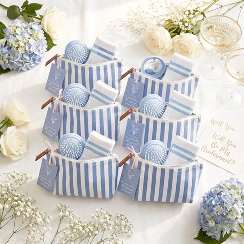 6-Piece Bridesmaid Proposal Gift Set – Blue Striped Makeup Bags, Socks & Brush