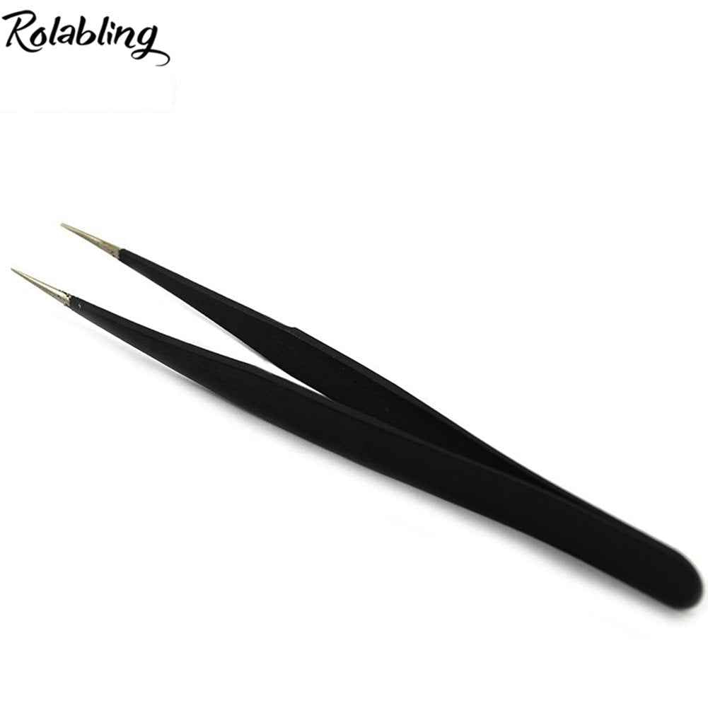 Rolabling 2pcs Elbow & Straight Black Nail Tweezers Rhinestone Picker Manicure Nail Art Tool (Set-1)
