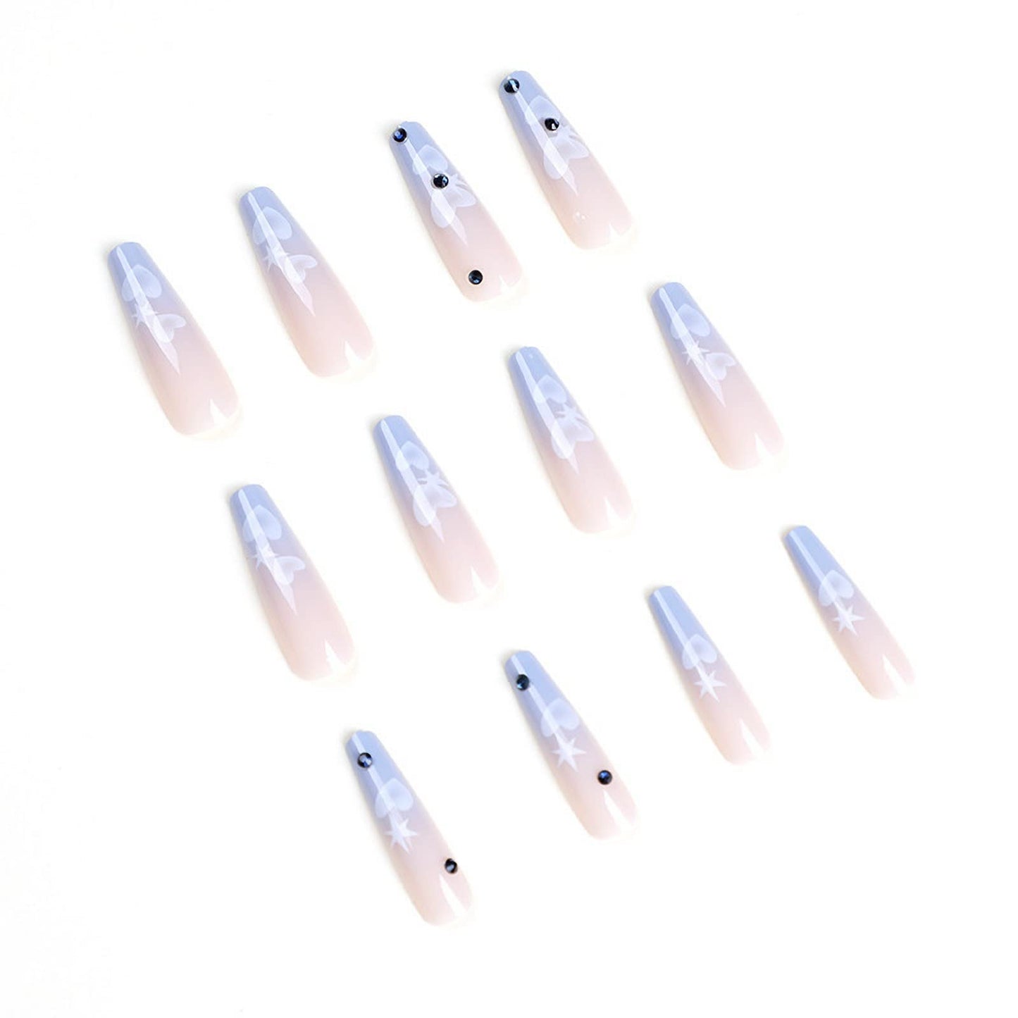 MISUD Coffin Press on Nails Long False Nails Ombre Glue on Nails Ballerina Glossy Fake Nails Heart Rhinestone Acrylic Nails with Design for Women and Girls 24 pcs