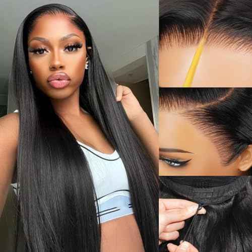 30 Inch Drawstring Straight Frontal Wig Hidden Strap Straight 13x6 Lace Frontal Wigs Human Hair Pre Plucked Pre Bleached Glueless Brazilian Wig Transparent Lace Wigs for Women
