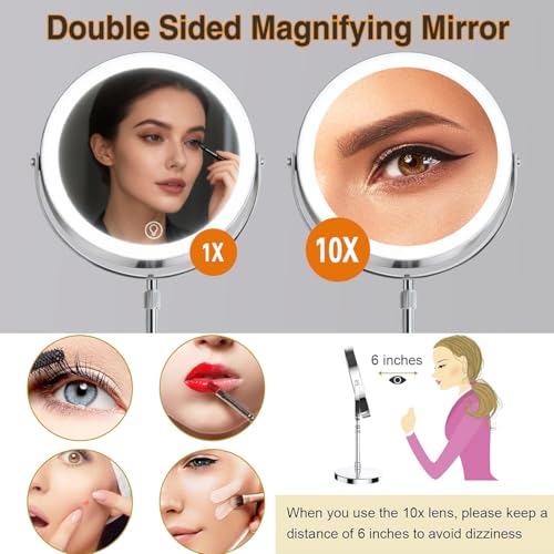 10X Magnifying Makeup Mirror with Lights - 3-Color LED, Adjustable