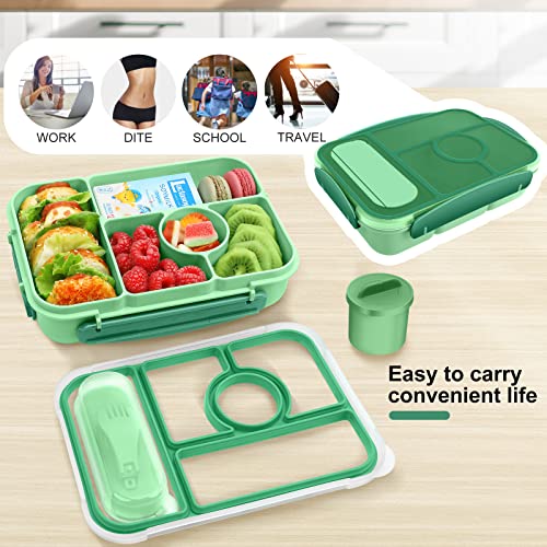 Demiue Lunch Box Kids,Bento Box Adult Lunch Box, Bento Lunch Containers for Adults/Kids/Toddler,5 Compartments with Sauce Vontainers,Microwave & Dishwasher & Freezer Safe,BPA Free(Green)