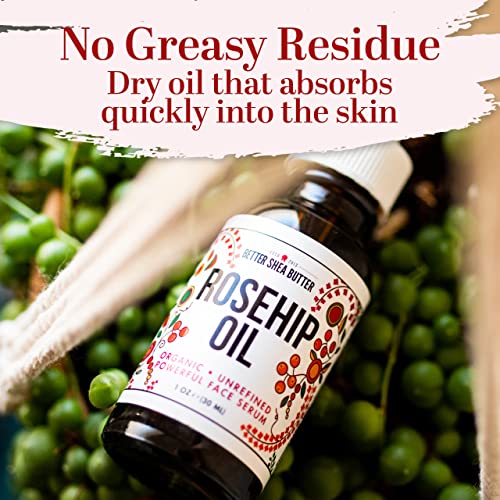 Better Shea Butter Organic Rosehip Oil | Rose hip oil for Face | Face Oil for Gua Sha Massage | Cold Pressed, 100% Pure | 1 oz