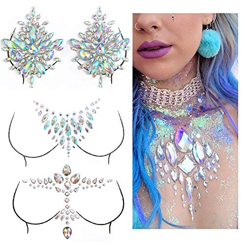 Breast Jewels Rhinestone Tattoo Stickers - 3 Sets Self-Adhesive Body Gems