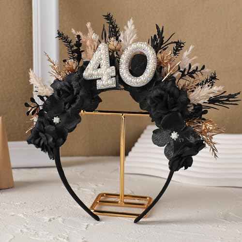 Black 40th Birthday Headband - 40th Birthday Crown for Her Gifts Ideas for Women Friends 40 Years Old Party Accessories