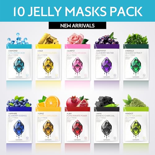 GEMSKIN Jelly Mask for Facials Peel-Off - 10 Set Pack Modeling Rubber Mask Multipack - Hydrating & Calming Jelly Face Mask Powder Variety Kit with Spatula & Scoop Bundle - Professional Skincare Spa